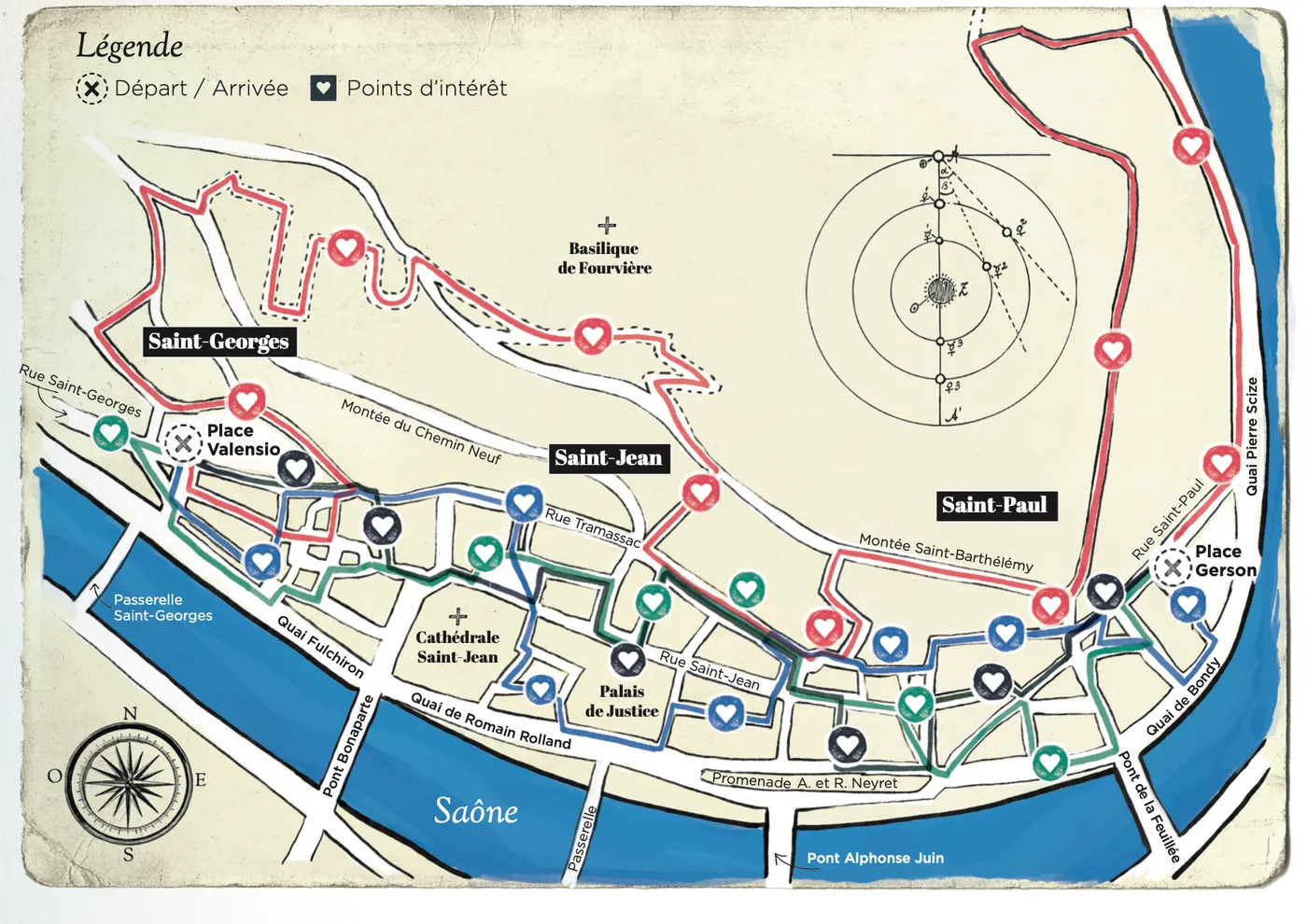 Carte des parcours du Vieux-Lyon